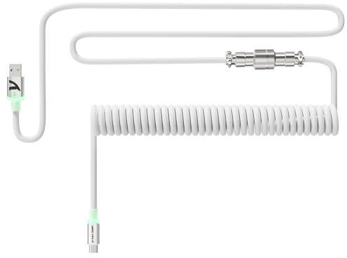 ATTACK SHARK C01Ultra Cable Teclado Espiral con Iluminación RGB-Blanco | Cable Aviator USB C Coiled para Teclado Mecánico 8KHz, Tipo C a USB A, Conector de Aviación de 4-Pin Desmontable, 56.5In