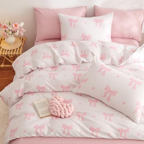 Freyamy Schleifen Bettwäsche 135x200 Rosa Beige Schleife Herz BettwäscheSet | Aesthetic Bettwäsche Mädchen, Microfaser ÖKO-TEX Bettwäsche-Sets, 1 Bettbezug mit Reißverschluss und 1 Kissenbezug 80x80cm