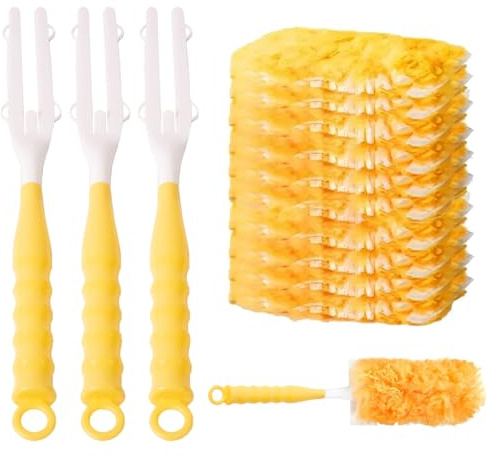 CHAOTEMAI 3 Pièces Poignée Plumeau + 10 Pièces Recharge Plumeau Anti-Poussière Plumeaus Poussiere Amovible Plumeaux Tête Plate Convient aux Sols Murs Carrelés Plafonds Canapés Armoires