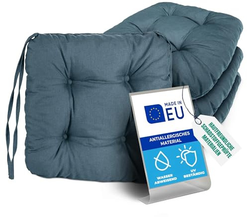 Pillows24 8X Sitzkissen Outdoor 40x40, 8cm dick, Wasser- & UV-beständig | Bändern, Bequeme Stuhlkissen, Stuhlauflage Sitzpolster, Sitzauflage Gartenstuhl, Extra dicke Sitzkissen Stuhl türkis