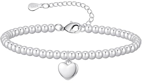 BMMYE Sterling Silver Bracelet for Women Silver Beaded Bracelets for Women Heart Charm Bracelets Friendship Bracelet for Best Friend