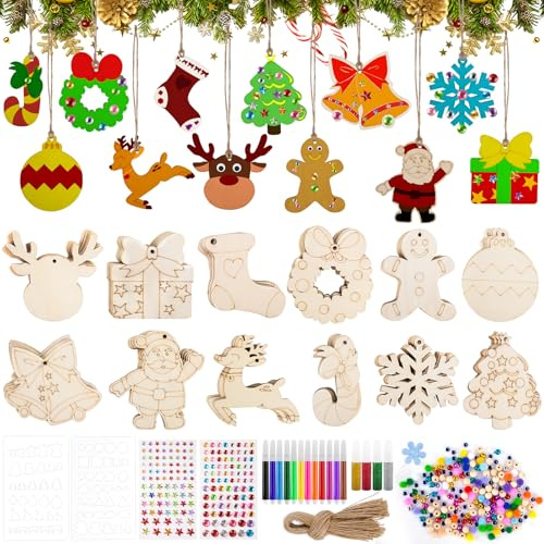 Koxtyzo 345 Pièces Pendentifs de Noël en Bois à Peindre, DIY Décoration de Noël en bois, Decoration Noel Sapin Bois, Arbre Noel Ornements, DIY Loisirs Créatifs pour Enfants Activité Manuelle