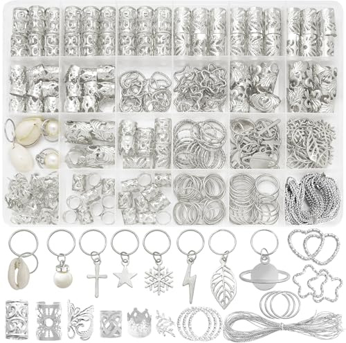 Fscwlmon Haarschmuck für Zöpfe, Haarperlen, Zubehör für Dreadlock, Metall-Haarspangen, Manschetten, Ringe, Loc Rave-Haar-Charm-Dekorationen, verstellbares Set für Männer und Frauen, 260 Stück