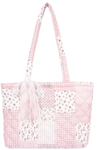 shiprabags Quilted Small Tote Bag for Women, Lightweight Floral Shoulder Bag,Soft College Travel Work Bag Everyday Purse (pink patchwork, M)
