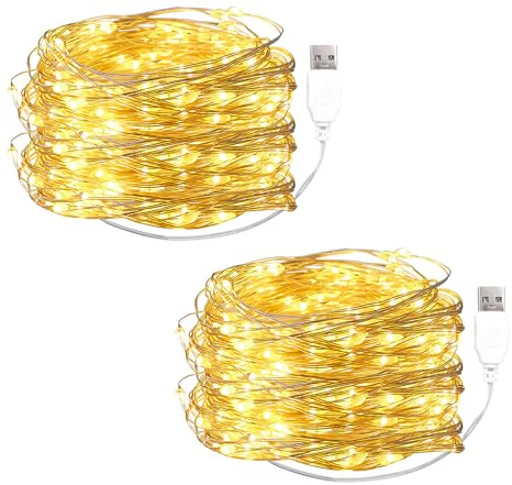 ENLACE 2 Stück LED Lichterkette mit USB, 5M 50 LED Kupferdraht Lichterkette mit Stecker, Warmweiß Draht Micro Lichterketten für DIY Weihnachten Halloween Hochzeit Schlafzimmer Innen Deko
