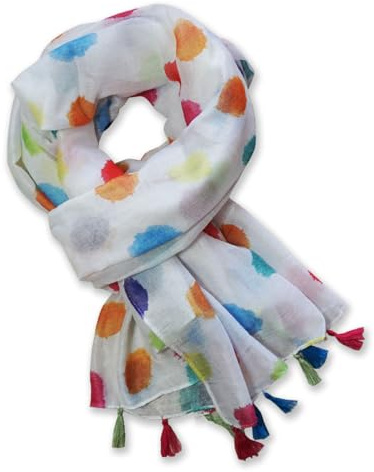 Soul-Cats Damen Sommerschal Wasserfarben-Design, Weiß mit bunten Farbklecksen, leichter Schal mit Quasten, modisches Sommer-Accessoire