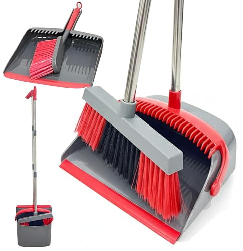 Long Handle Dustpan and Brush Set, Upright Broom & Dustpan with Soft Bristles, Sweeping Set for Laminate, Wooden Floors, Carpets & Pet Hair, Easy-Store Cleaning Tool for Indoor & Outdoor