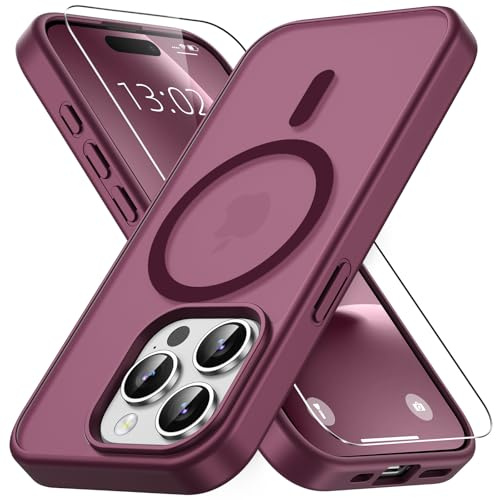 Vansdon Cover Magnetica per iPhone 15 Pro Max con 1 Pezzi Vetro Temperato | Bordeaux, Compatibile con Magsafe, Protezione anticaduta di livello militare, Custodia Traslucida Opaca Sottile Antiurto