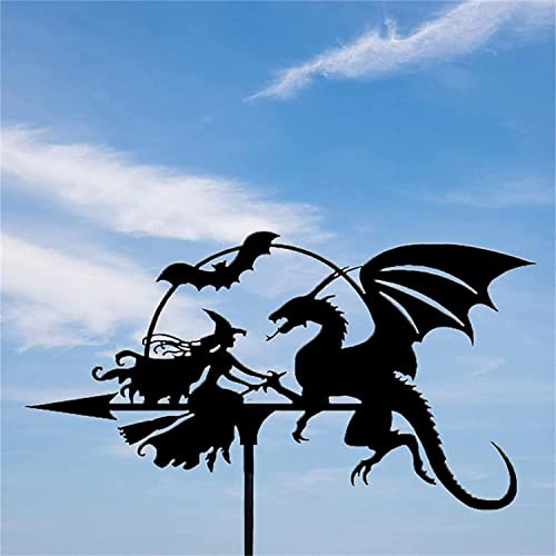 Garten Wetterfahne dekorativer Windhahn mit Tiermotiv Wetteranzeiger aus Metall für Haus Dach Bauernhof Pavillon Hof Rasen Terrasse Hexe und Drache