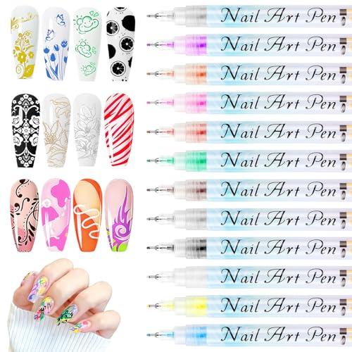 12 Farben Nagellack Stift Set, Nail Art Marker für 3D Nagelkunst, Diy Nagellackstifte für Nägel, Schnelltrocknende Nagelstifte Nagelspitze Design Schmücken Maniküre Werkzeuge für Frauen Mädchen