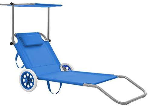 Frdhee Tumbona de camping balancín, tumbona plegable con protección solar y ruedas de acero azul, para balcón, terraza, camping, amplia aplicabilidad