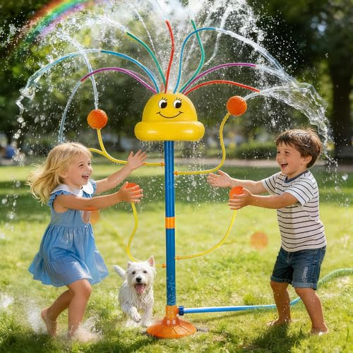 VATOS Wassersprinkler für Kinder, Regenbogen-Spritztoy mit Smiley & 8 Wackelschläuchen, 4 Düsen – Rasensprinkler für Garten, Sommer-Familienspaß, Wasserpielzeug für Jungen & Mädchen 3-8 Jahre