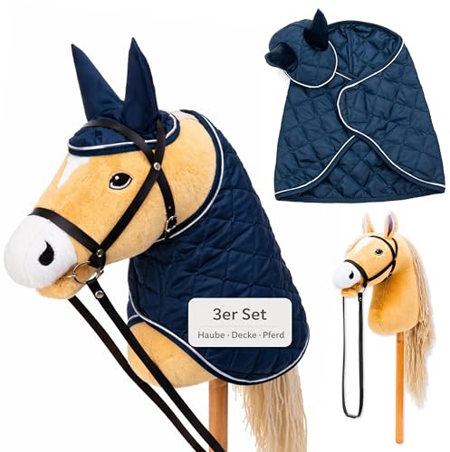 Hoofly Hobby Horse Set – Caballo grande para niños con manta y capucha | Juego completo de caballos Hobby Horsing con brida y varilla de tornillo de 35 cm | Caballo beige – Accesorios azules