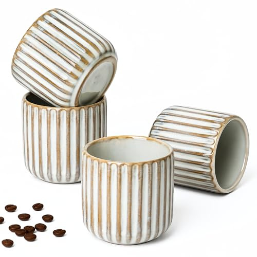 Erkundpresso. - Set med 4 kaffe- och tekoppar, 180 ml, tjock keramik utan handtag, diskmaskin, bra värmebevarande, sillvit, unik retrostruktur, present, hållbar, praktisk