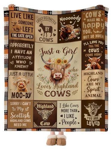 Cumnvulnt Highland Cow Print Blanket, Cute Flowers Animal Highland Cow Gifts Throw Blankets, Soft Cozy Fleece Plush Warm Flannel Bedding Blanket for Girls Kids Adults Couch Travel 150X130CM