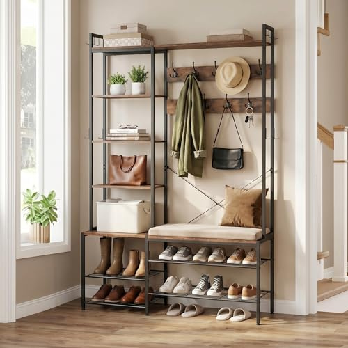 EGGREE Garderobenständer mit Schuhbank, 6-in-1 Design, 5 Regalebenen aus Spanplatten, 9 Dreifach-Haken, 8 Seitliche Haken, Kleiderstange, Eingangsbereich, Flur, 40x120x190 cm, Vintagebraun-Schwarz
