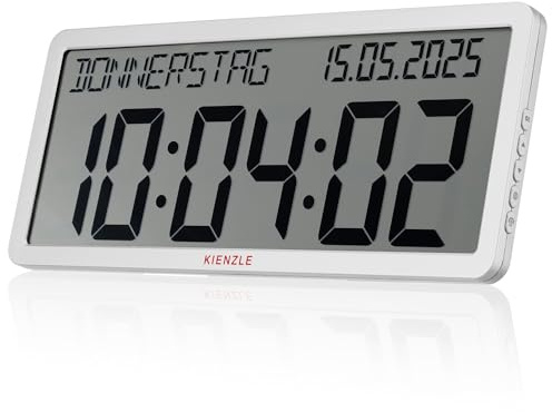Kienzle Reloj de Pared radiocontrolado con Fecha Pantalla XXL Blanco | Sincronización DCF, ajuste de zona horaria, LCD 33,9 x 12,4 cm, soporte de mesa y ojales, 4 pilas AA incluidas