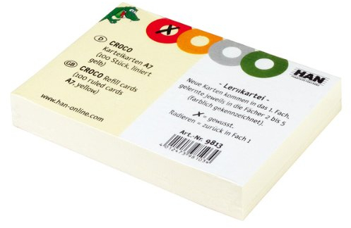 HAN Karteikarten CROCO – 10 PACKS à 100 STÜCK, Karteikarten A7 quer, farbig bedruckter, stabiler, gelber Karton mit vier bunten Kreisen zum Ankreuzen, Farbe gelb, 9813