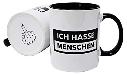 Close Up Lustige Tasse - Ich Hasse Menschen - mit Bodendruck Mittelfinger - Geschenk für Misanthropen, Kollegen, Freunde, Morgenmuffel - weißer Kaffeebecher innen & Henkel schwarz