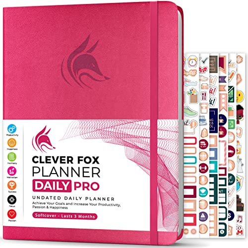 Clever Fox Planner Daily PRO - Daily Life Planner and Gratitude Journal to Increase Productivity, Time Management and Hit Your Goals, Undated, A4 Size - 21.5x28cm, Lasts 3 Months (Dark Pink)