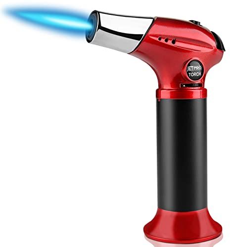 JETPRO Accendino da cucina butano, ricaricabile, con fiamma regolabile e blocco di sicurezza, per dessert, barbecue, cucina (gas butano non incluso) (rosso)