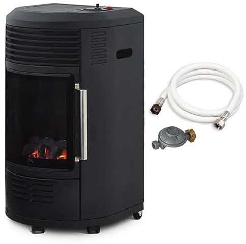 FAVEX - Chauffage d'appoint à gaz Volga - Prêt à l'emploi livré avec tuyau et détendeur - Infrableu effet feu de cheminée - 6 puissances de chauffe Thermostat - Jusqu'à 40 m² - Noir