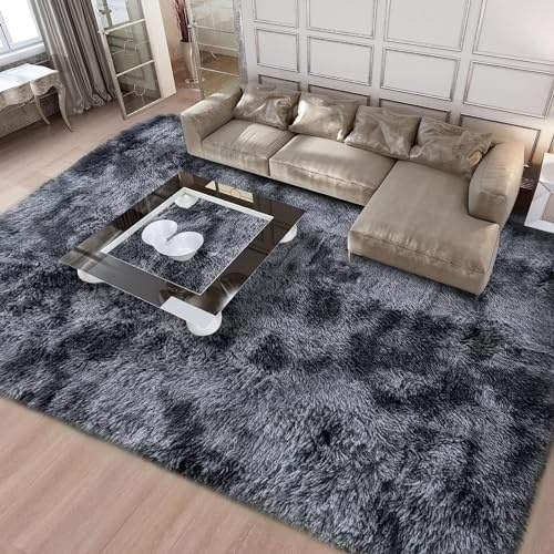 Calore Matta, fluffiga vardagsrumsmatta, lurvig sovrumsmatta, stor matta, mjuka barnrumsmattor, bekväm golvmatta för heminredning (svart-grå, 200 x 250 cm)