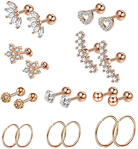 Lieson 20 Stück Nasenpiercing Edelstahl 16G Nasenringe Set Nasenstecker Gerade Stab Herz Blume Zirkonia Piercing Septum Knorpel Tragus Helix Ohrringe Rosegold