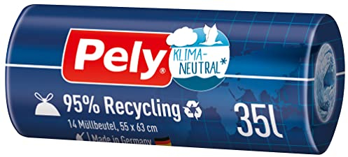 Pely Zugband Müllbeutel aus 95% Recyclingmaterial 35 Liter - klimaneutralisiert durch Kompensation, Vorteilspack (16 x 14 Stück), für die Entsorgung