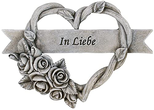 matches21 Schöner Grabschmuck Herz in grau wetterfest als Grabdekoration - Grabherz mit Rose IN Liebe für Friedhof aus Kunststein - Herz Dekoration für Grab 14,5 x 10 cm