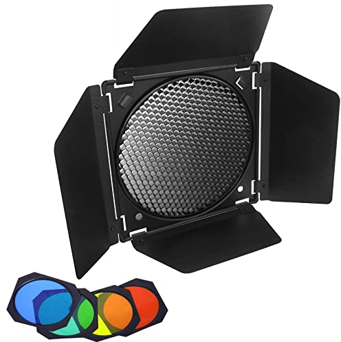 Godox Scheunentür BD-04 mit Wabengitter für 17,8 cm Standardreflektor & Godox SL-60 MS300 SK400II Bowens Mount LED Videoleuchte, mit 4 farbigen Gelfiltern, zur Anpassung der Fotobeleuchtung