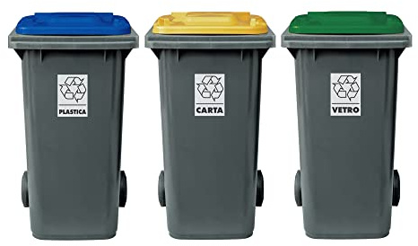 Eplastic Set 3 bidoni porta rifiuti - capacità 120 litri - bicolor con fondo grigio e coperchi colorati per raccolta differenziata (VERDE - BLU - GIALLO)