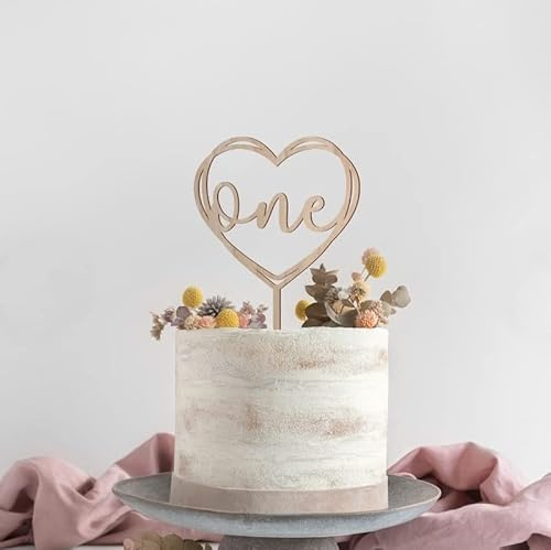 Wooden Gold Heart First 1st Birthday Cake Toppers Age One Kid's Britdhay Party Decors Decoration Double Sided Anniversary Babyborn (Heart)