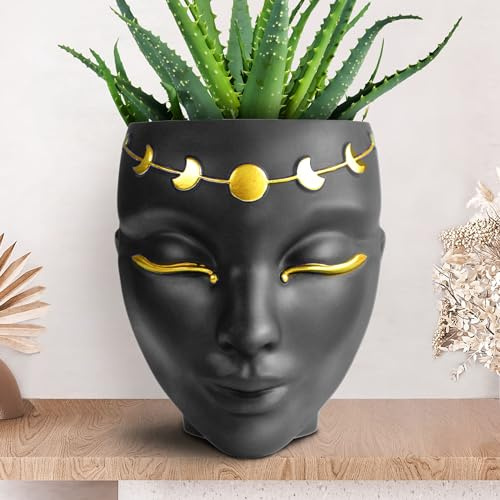 Bossa Linda Head Pflanzgefäß für Flache Oberflächen und Wand, Topfköpfe für Pflanzen mit Wandhaken und Drainage, einzigartige Tisch-Pflanztöpfe für den Innen- und Außenbereich, Luna-Design, Schwarz