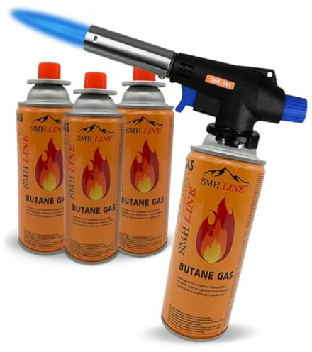 SMH LINE® Brenneraufsatz inkl. 4 Gaskartuschen Butan Brenner Bunsenbrenner Gas Lötbrenner Gasbrenner Flambiergerät Lötlampe Gaskartuschen