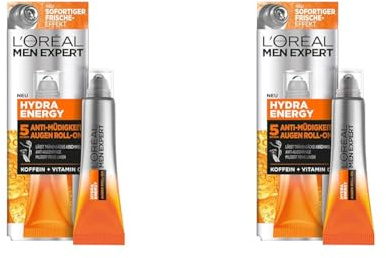 L'Oréal Men Expert Augen Roll-On gegen müde Haut für Männer, Belebende Augenpflege gegen Falten und Augenringe, Herren Feuchtigkeitspflege mit Vitamin C und Koffein, Hydra Energy, 1 x 10 ml
