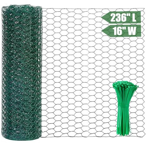 Wonninek Chicken Wire Mesh Roll, Green PVC Coated, 0.4 x 6m Hexagonal Holes Metal Mesh for Chicken Coop, Garden Fence, Garden Wire for Climbing Plants, Animal Enclosures