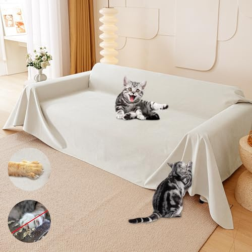 Loiion Kratzschutz Sofa Katze, Couch Katzenschutz Beige 340x180cm | 3 Sitzer Sofaüberwürfe Sofabezug Wasserdicht Tierhaare, Rutschfest für Haustiere Kinder Hund Katze Kratzer