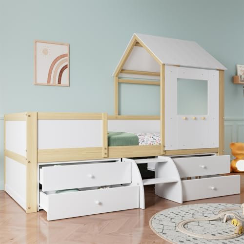 204 X 96,5 X 159 cm Großes Hausbett, Modernes Kinderbett Aus Holz, Mit Dach Und Großem Stauraum, Geeignet Für Schlafzimmer, Wohnung (matratze Nicht Im Lieferumfang Enthalten).