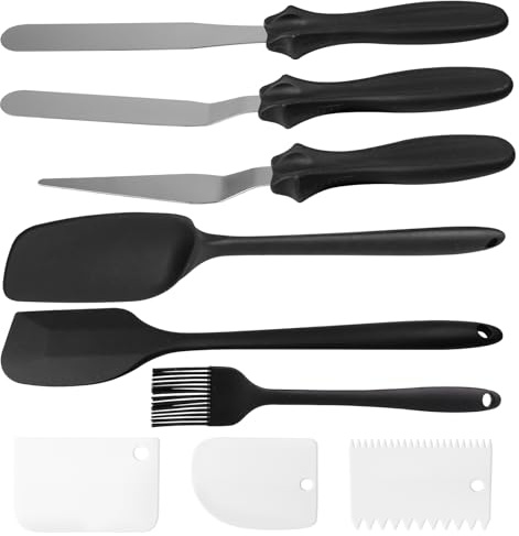 3 stycken degskrapor silikonset med oljepensel, 3 vinkelpaletter i rostfritt stål för kräm, värmebeständig silikonspatel kök med 3 vita degkort, matlagningssked silikon för spread smör