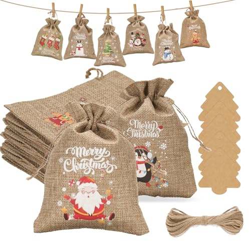 G2PLUS 24 Stück Adventskalender Jutesäckchen, 10 × 15CM Weihnachten Jutesäcke, Geschenke Jutebeutel mit Baumanhänger, Weihnachten Geschenksäckchen für Adventskalender, Weihnachtsbaum Deko