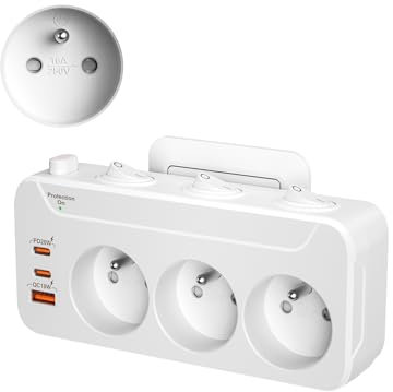 Ladron Enchufe USB C, Regleta Pared de 3 enchufes franceses con Carga rápida PD20W y QC18W, regleta Triplite giratoria Horizontal y Vertical Protector contra sobretensiones con Interruptor, Blanco