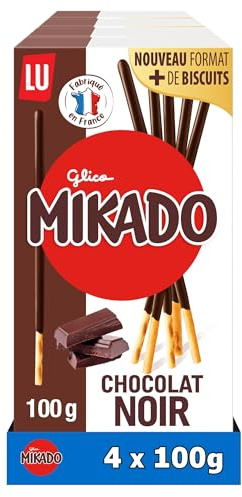 Lu Mikado - Bâtonnets Biscuit Enrobés Chocolat Noir - 4x100g | 4 Boîtes de 100g | Bâtonnets de biscuit croustillants enrobés de chocolat noir intense | Idéal pour le goûter