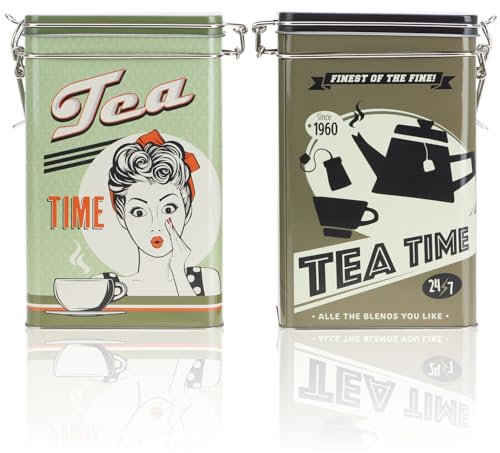 com-four® 2x Vorratsdose aus Metall - Teedose mit verschließbarem Deckel - Metallbehälter im Retro-Design für Lebensmittel - Aufbewahrungsbox [Auswahl variiert] (02 Stück - bunt Tee)