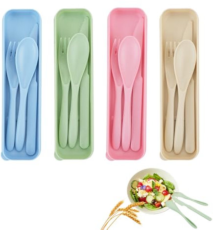 MOAMUN 4 Cubiertos Plastico Cubiertos Para Llevar Con Estuche, Reutilizables Cubiertos Camping con Tenedor Cuchillo Cuchara, Portáti Juego De Cubiertos Porta Cubiertos para Almuerzo Camping Picnic