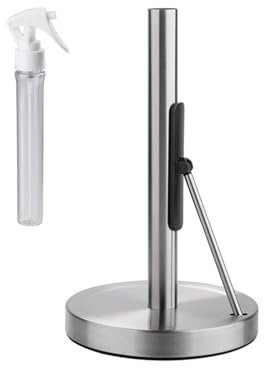 Space Efficient Paper Towel Stand Stainless Steel Standing Tissue Roll Rack with Spray Bottle Kitchen Counter Accessories