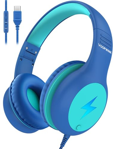 Voopwink Kids Headphones Wired with Microphone, USB Type C Headphones for Kids Girls Boys with Cord/LED Lights/85/94dB Volume Limit, Portable Over Ear Headphones for School/Travel/Tablet/iPad