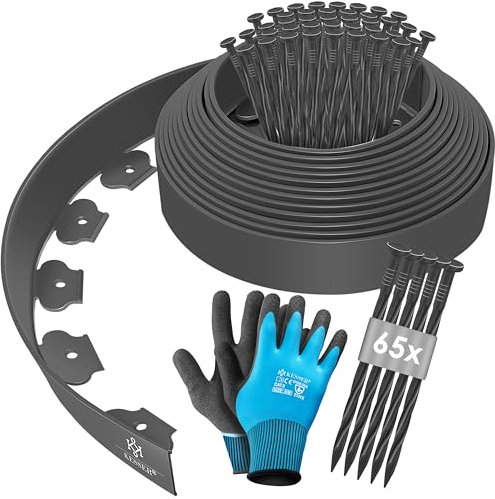 KESSER® Flexible Rasenkante aus Kunststoff Länge 10m Höhe 5cm, mit 65 Erdanker + 1 Paar Handschuhe Beeteinfassung Beetumrandung Beetbegrenzung Mähkante Pflastersteine Palisade - Anthrazit