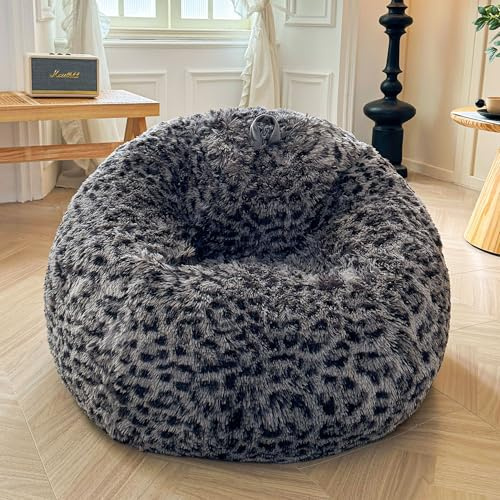 XeGe Faux Fur Leopard Print Bean Bag Chair Cover (No Filler), Fluffy Stuffed Animal Storage Cheetah Bean Bag Home Decor, Furry Fuzzy Big Beanbag Cover for Adults Teens Kids Girls, Anti-slip, Grey