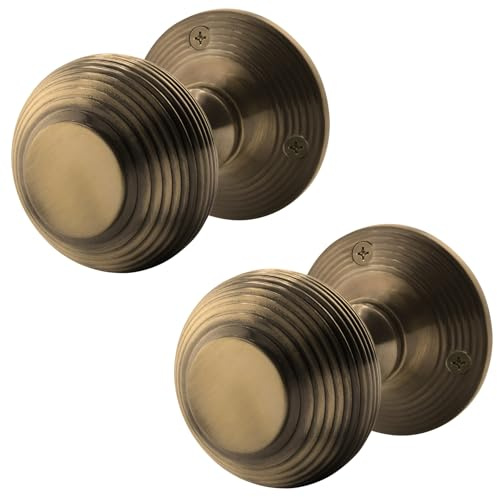 EAI Beehive Door Knobs Antique Brass | 1 Pair of Reeded Mortice Knobs (55mm) for Internal Doors